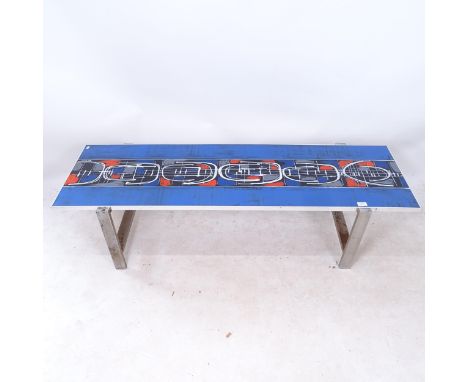 DE NISCO - a mid-century ceramic and chrome rectangular coffee table, circa 1970s, with abstract design, L150cm, H39cm, D45cm