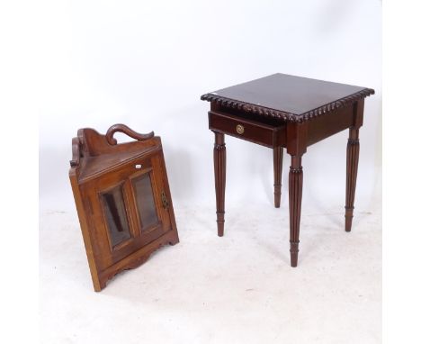 A mahogany lamp table with single drawer, on fluted legs, W47cm, H60cm, and a small mahogany hanging corner cabinet with glaz