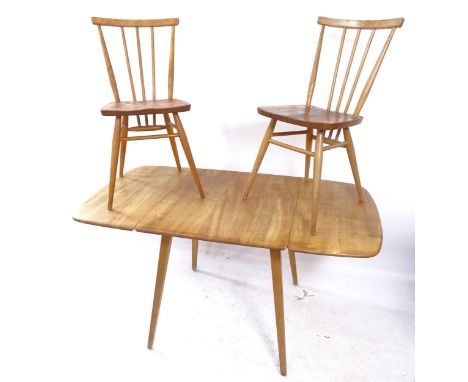 A mid-century Ercol drop leaf dining table, L75cm, H72cm, D62cm, and 2 stick-back dining chairs (3) 