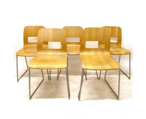 A set of 5 mid-century style bent-ply stacking chairs, on metal sled base 