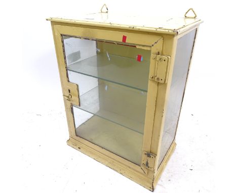 A Vintage painted metal doctor's/dentist's cabinet, with glazed door and sides, and 2 glazed shelves, W48cm, H62cm, D29cm (1 