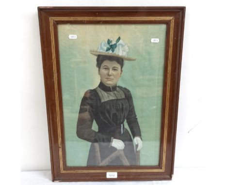 A coloured print on linen, portrait study, lady in a hat, framed, 61cm x 44cm overall