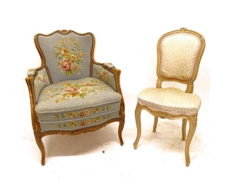 A French walnut tapestry upholstered armchair, and another bedroom chair (2) 
