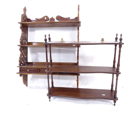 An Arts and Crafts oak 3-tier hanging shelf, with 3 fitted drawers, W63cm, H90cm, D18cm, and another mahogany 3-tier hanging 