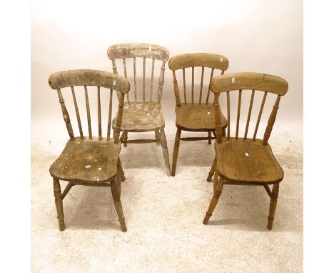 A set of 3 open elm-seated stick-back dining chairs, and another (4) 