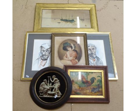 A pair of watercolours, portrait studies, watercolour etc (6) 