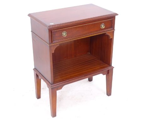 A reproduction mahogany side cabinet, with single drawer and shelf below, W61cm, H77cm, D35cm 