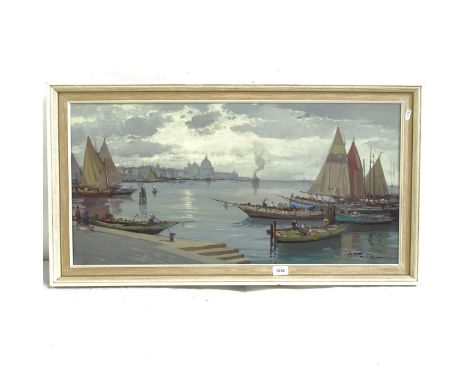 O Provini, oil on canvas, Venice coastal view, framed, 90cm x 48cm 