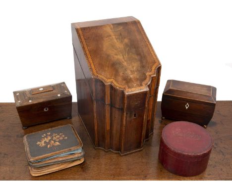 George III walnut converted knife box now a letter or stationary box with shaped front and crossbanded details, 22cm wide x 3