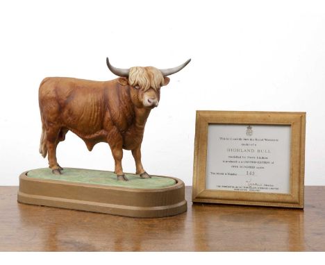 Royal Worcester porcelain 'Highland bull' modelled by Doris Lindner, on original wooden plinth with certificate of authentici