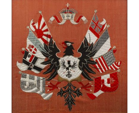 Two embroidered war memorialsthe first vermillion ground, with a black eagle to the centre, the eagle with its wings spread, 