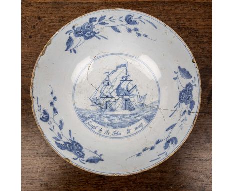 Blue and white Delftware bowl English, circa 1765, the interior painted with a two-masted brig at sail and inscribed 'Success