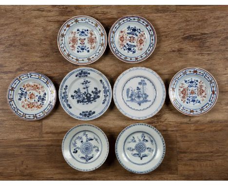 Two Tek Sing cargo blue and white porcelain bowlsthe largest 21.5cm diameter, Chinese, four Chinese Imari plates, 18th Centur