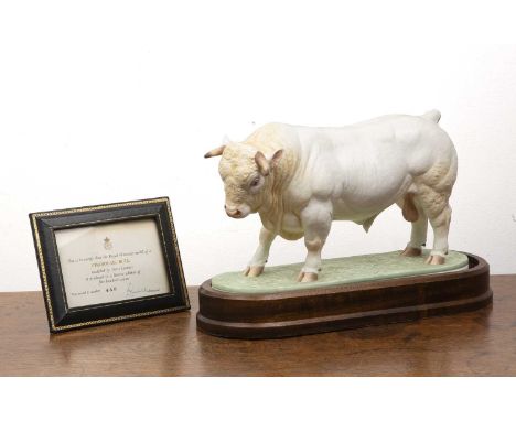 Royal Worcester porcelain 'Charolais bull' modelled by Doris Lindner, on original wooden plinth with certificate of authentic