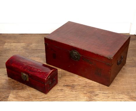 Red lacquer pillow box and a similar trunkChinese, the case is 46cm wide and the trunk is 70cm x 46cm x 32cm high  Both have 