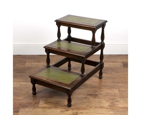Mahogany framed bed stepsthree tiered, with green gilt tooled panels inset into each step, on baluster turned supports, 48cm 