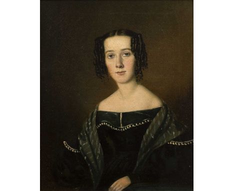 19th Century English School 'Portrait of a lady wearing a green striped shawl', oil on canvas, unsigned in gilt frame, 29cm x