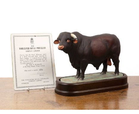 Royal Worcester porcelain 'Santa Gertrudis bull' modelled by Doris Lindner, on original wooden plinth with certificate of aut