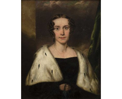 19th Century English School 'Portrait of a lady wearing an ermine fur shawl', oil on canvas, unsigned in gilt frame, 29cm x 2