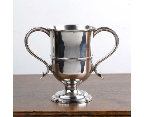 George III silver twin handled trophy or loving cup on circular pedestal base, bearing marks for Nathaniel Smith & Co, Sheffi