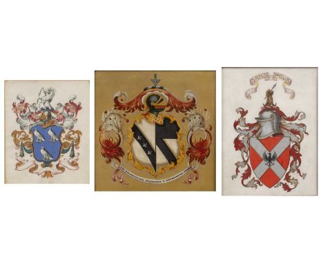 Three framed Heraldic paintings to include a Scottish painting on vellum, a bird to the centre of a red and silvered shield, 