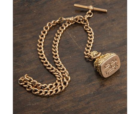 9ct gold fob or watch chain with T bar, 47g approx overall and a unmarked yellow metal seal with engraved monogram, 26g appro