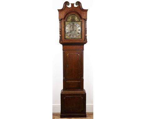 J Robson of Chesteroak longcase clock with a scroll pediment, having an 8-day movement with a brass and silvered dial and sec