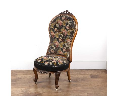 Victorian tapestry beadwork chair with acanthus carved top, standing on cabriole legs, terminating in porcelain castors, 108.