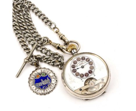 Hebdomas Patent silver cased pocket watch on plated chainwith enamel painted Roman Numerals to the white enamel dial, with im