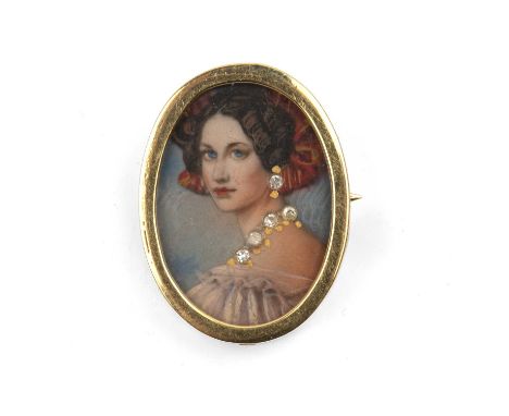 20th Century English School oval miniature portrait of a lady, unsigned, inset with white stones, set into an 18ct pendant br