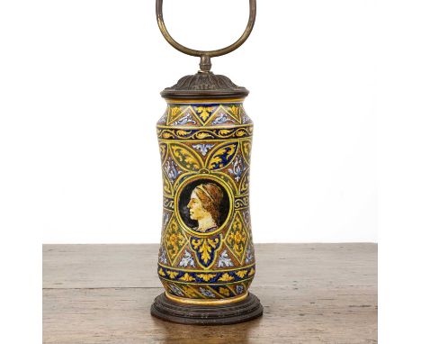 Pottery lamp in the style of a Renaissance albarello, with metal fittings, 63.5cm high  With signs of wear consistent with ag
