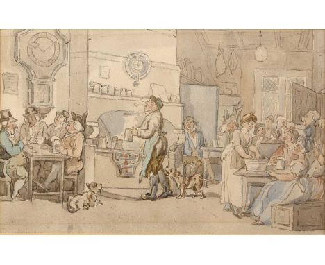 After T. Rowlandson (circa 1756-1827)Tavern Scene, watercolour, 14cm x 23cm   Time/UV fade. Some smudging. Some unidentifiabl