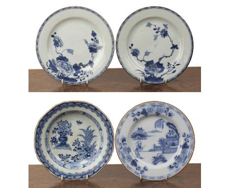 Delftware blue and white platecirca 1770, painted with a Chinese pavilion and garden scene in the Qianlong manner, 22.5cm dia