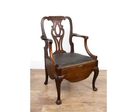 Mahogany commode chair18th Century, possibly Irish, with a carved splat back, and original leather seat and pewter pot, 61cm 