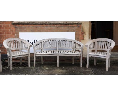 Bramblecrest teak garden seat and two armchairsthe curved slatted bench is 157cm long x 60cm deep and the chairs are 83cm wid