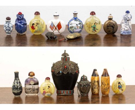 Collection of enamel and other snuff bottlesChinese and Tibetan, 20th Century, including inside painted bottles, horn, enamel