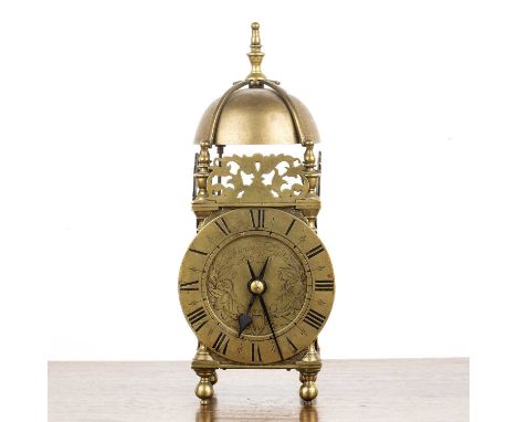 Brass Lantern Clock case by Thomas Dyde of London17th Century, with a later movement, the face engraved with the maker's name