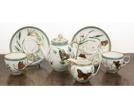 Kerr and Binns of Worcester porcelain tea set, decorated with butterflies and flowers, stamped to the lid of the teapot, comp