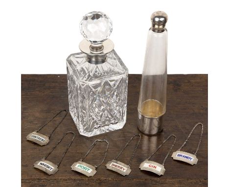 Silver mounted glass hunting or saddle flask bearing marks for Mappin & Webb Ltd, London, 1900, 26cm high, a silver collared 