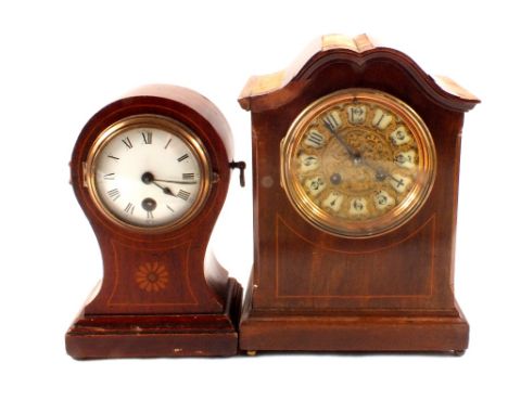 An inlaid mahogany striking mantel clock (some veneer loss) plus an Edwardian inlaid mahogany waisted clock