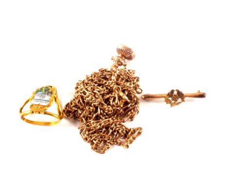 A rolled gold brooch, gold plated chain, yellow metal stone set fob plus a yellow metal scarf clip