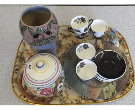 A Royal Doulton stoneware vase, Poole biscuit barrel, Royal Albert Masquerade part coffee set plus other china