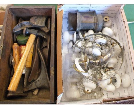 Various porcelain doorknobs, droplet light fitting, pine box of tools plus a small ships lamp