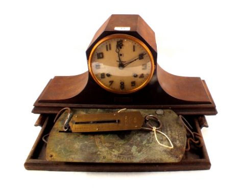 A Waterbury chiming mantel clock plus two hanging scales