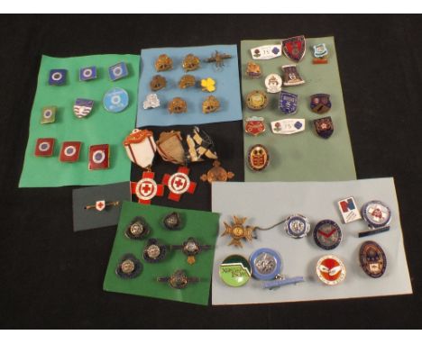 Enamel badges, Bowling, British Legion, Royal Life Saving Society, Girl Guides etc