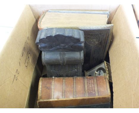 A carved pine wall bracket, a Victorian Family Bible plus one other volume and a carriage clock