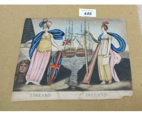 A Hinton Well St, published 1807 political print titled 'England and Ireland', 7" x 9"