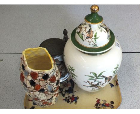 An Italian bird decorated jar and cover, Sylvac pebble vase, porcelain ruffed goose game bird stein