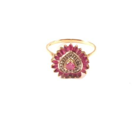 A 9ct gold ruby and diamond cluster ring of heart form, size S