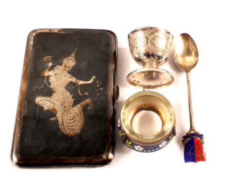 A Siamese white metal cigarette case plus other items